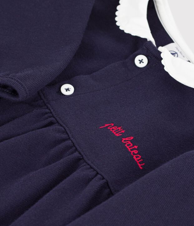 Robe b&eacute;b&eacute; en coton manches longues unie &agrave; col et d&eacute;tails brod&eacute;s bleu marine