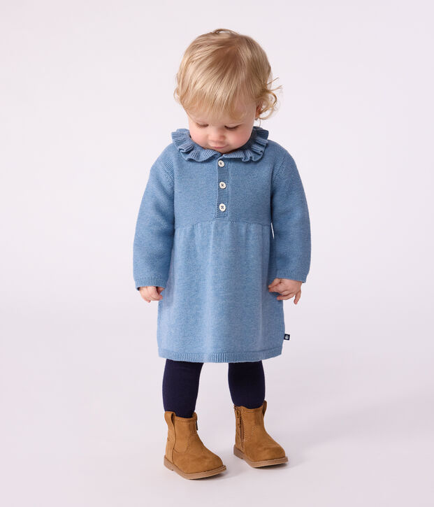 Robe b&eacute;b&eacute; en laine et coton unie bleu