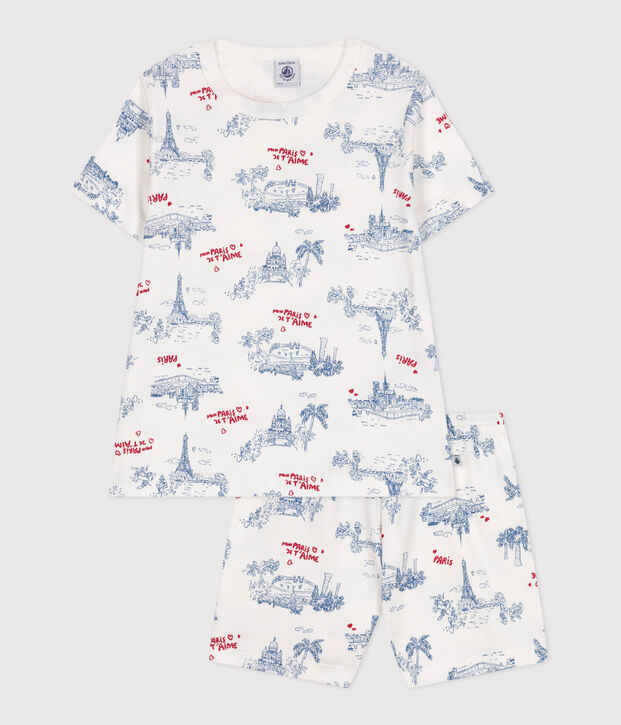 Pyjama short enfant en coton imprim&eacute; Paris blanc/multicouleur