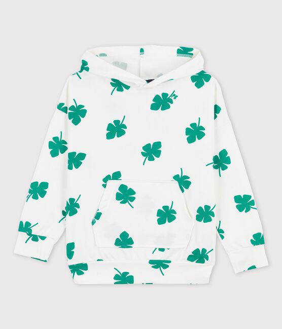Sweatshirt à capuche en molleton enfant garçon blanc MARSHMALLOW/vert GAZON