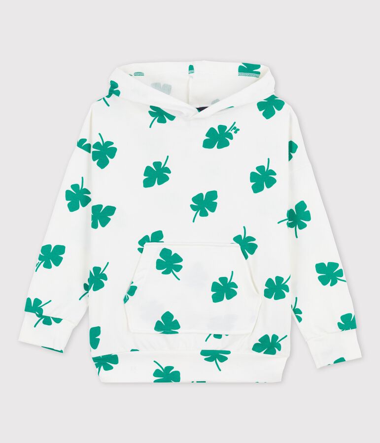 Sweatshirt &agrave; capuche en molleton enfant gar&ccedil;on blanc MARSHMALLOW/vert GAZON