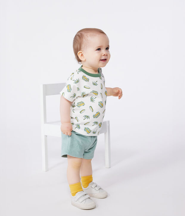 T-shirt b&eacute;b&eacute; en coton &agrave; manches courtes, imprim&eacute; bateaux blanc/jaune