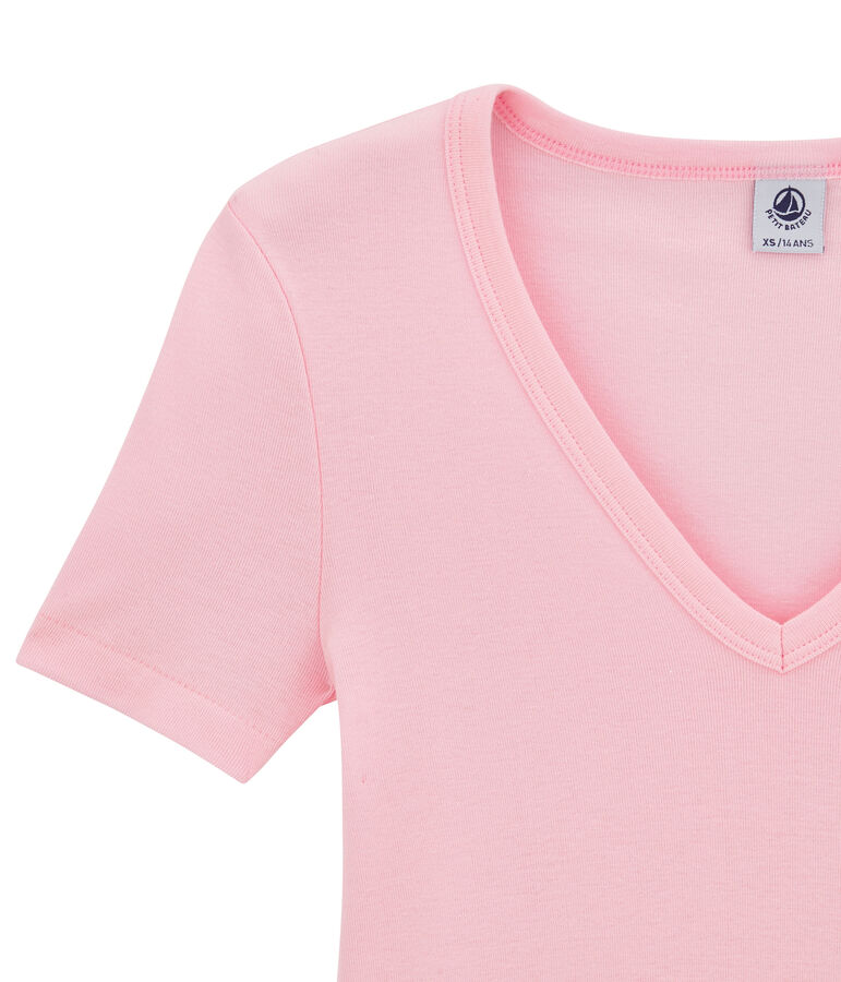 T-shirt femme col V en c&ocirc;te originale rose BABYLONE