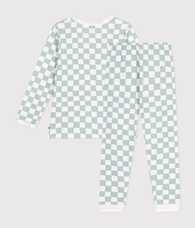 Pyjama en coton imprim&eacute; damier enfant blanc/vert