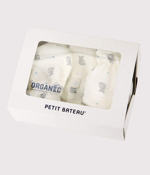 Lot bonnet naissance et moufles b&eacute;b&eacute; en coton biologique multicouleur