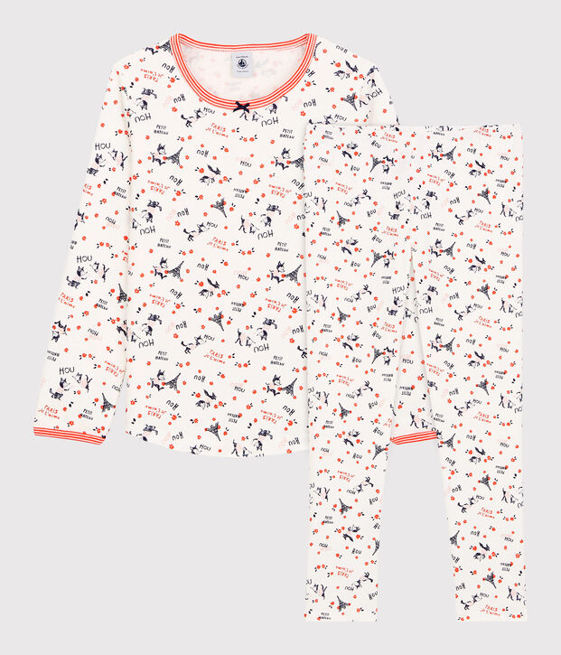 Pyjama imprim&eacute; Paris petite fille en coton biologique blanc/multicouleur