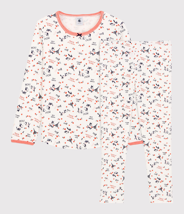 Pyjama imprim&eacute; Paris petite fille en coton biologique blanc MARSHMALLOW/blanc MULTICO