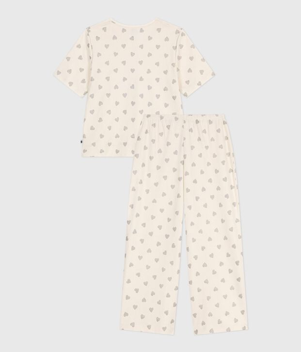 Pyjama femme en coton manches courtes jambes larges imprim&eacute; c&oelig;urs &eacute;cru/gris