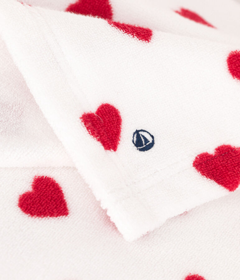 Cape de bain coeurs b&eacute;b&eacute; en &eacute;ponge blanc MARSHMALLOW/rouge TERKUIT