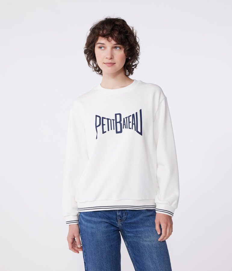 Sweatshirt femme en coton imprim&eacute; blanc MARSHMALLOW