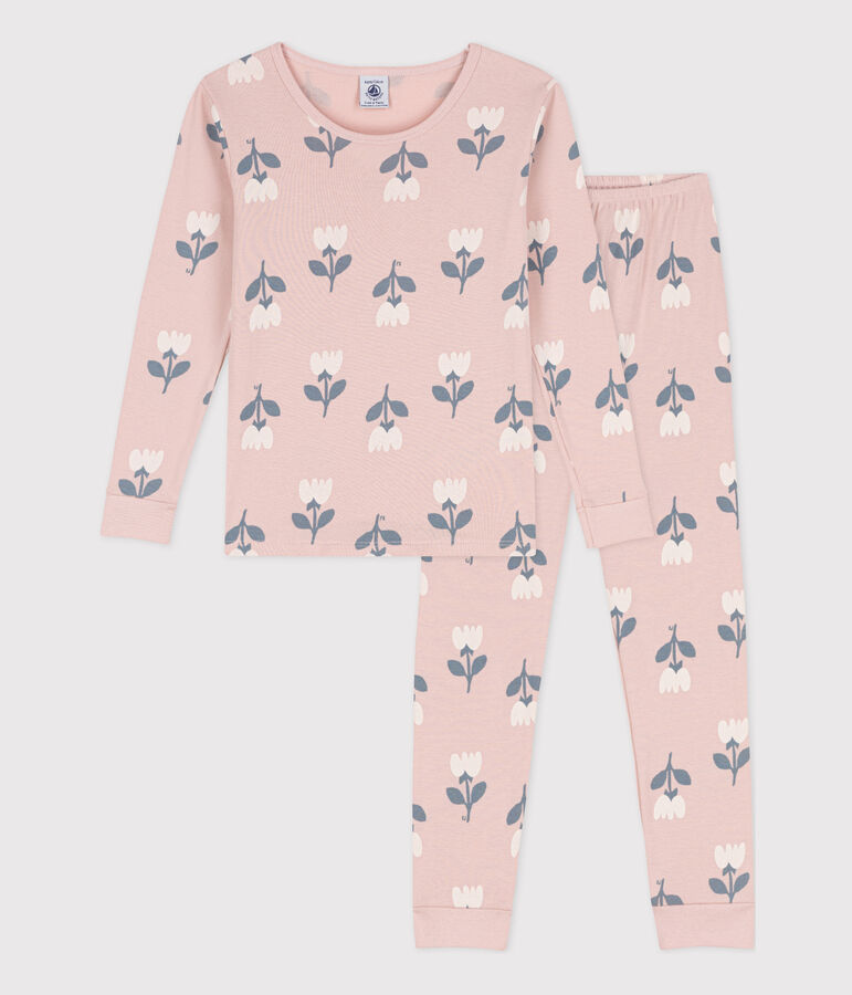 Pyjama ajust&eacute; en coton petite fille rose SALINE/blanc MULTICO