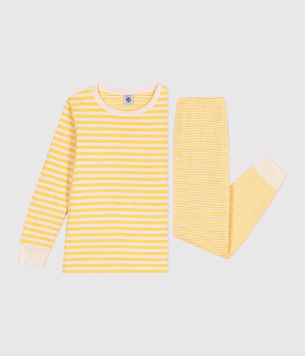 Pyjama enfant en tubique &agrave; rayures jaune/&eacute;cru