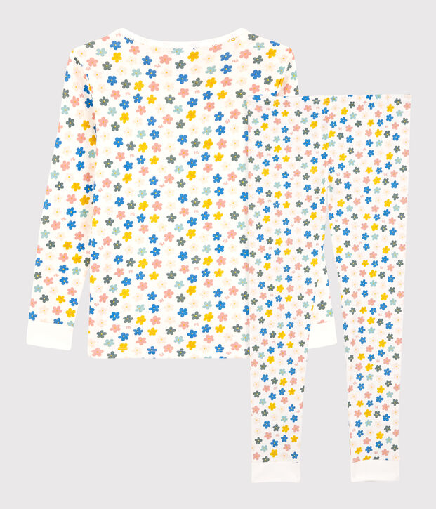 Pyjama snugfit fleurs r&eacute;tro phosphorescent petite fille en coton blanc/multicouleur