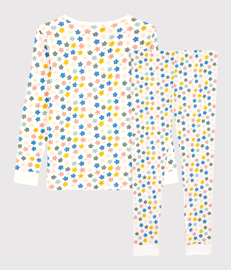 Pyjama snugfit fleurs r&eacute;tro phosphorescent petite fille en coton blanc MARSHMALLOW/blanc MULTICO
