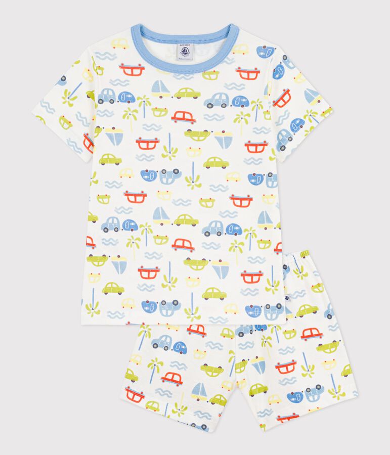 Pyjama short enfant en coton imprim&eacute; voitures blanc MARSHMALLOW/blanc MULTICO