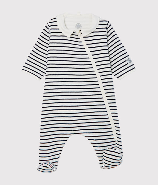 Bodyjama zippé bébé en côte blanc MARSHMALLOW/bleu SMOKING