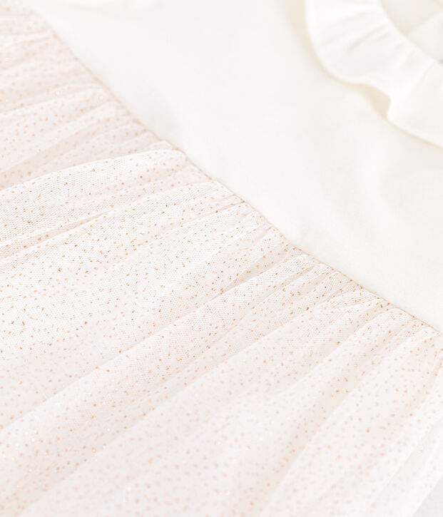Robe b&eacute;b&eacute; en coton et tulle manches courtes et colerette blanc/rose