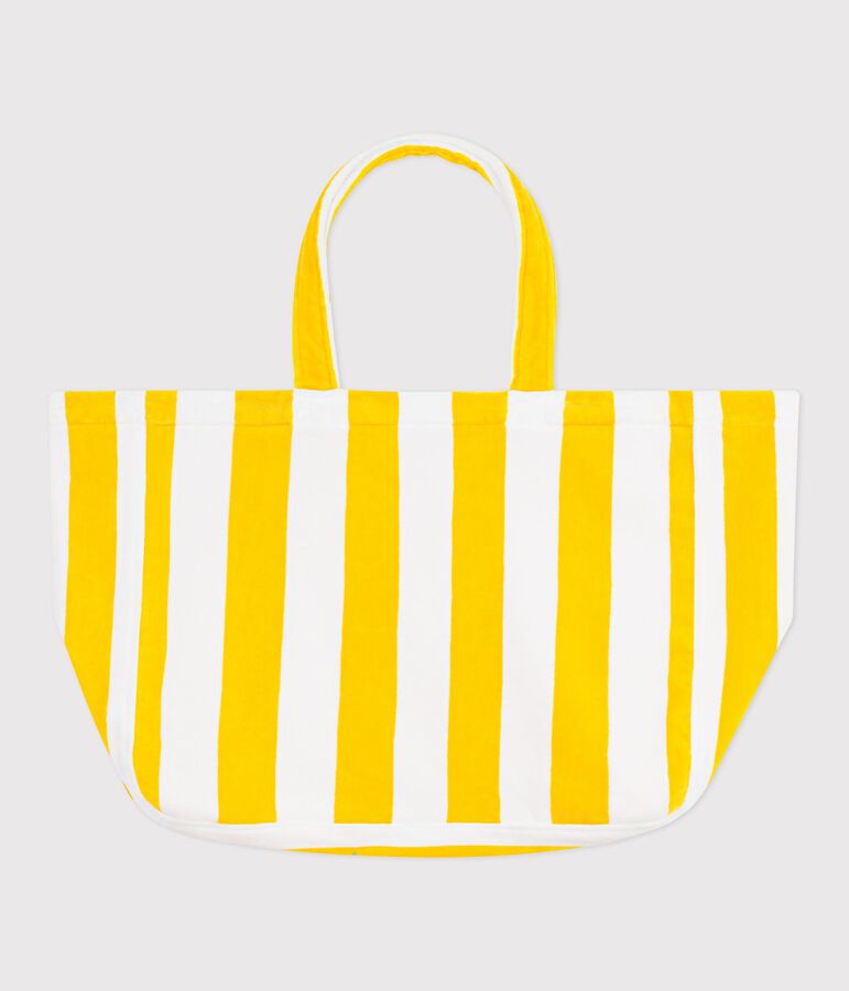Sac de plage femme en coton &eacute;ponge &agrave; rayures jaune/blanc
