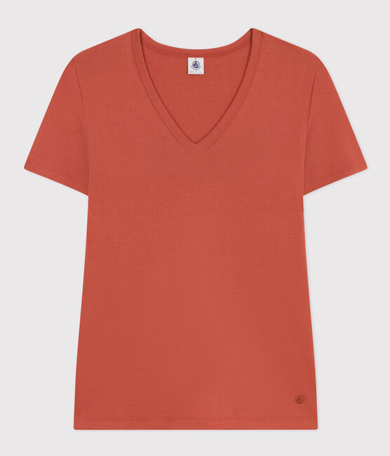Tee-shirt l'Iconique col V en coton uni femme marron FAMEUX