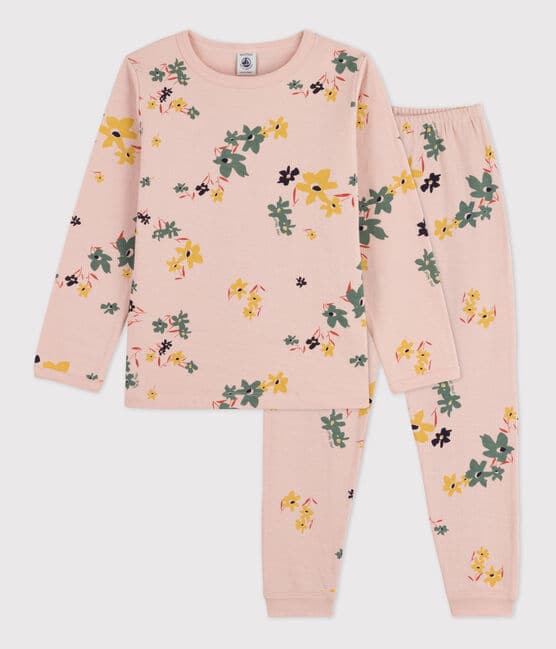 Pyjama fleur petite fille en tubique rose SALINE/blanc MULTICO