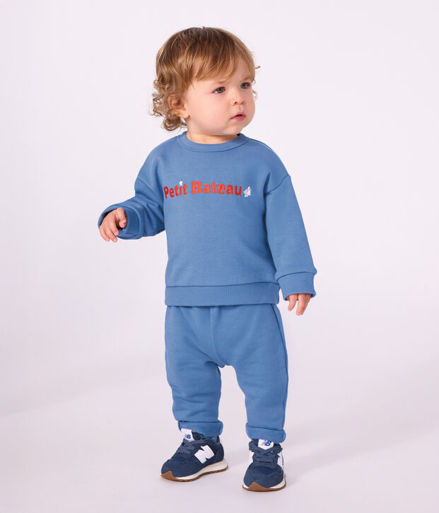 Sweatshirt b&eacute;b&eacute; en coton uni et sa broderie bleu