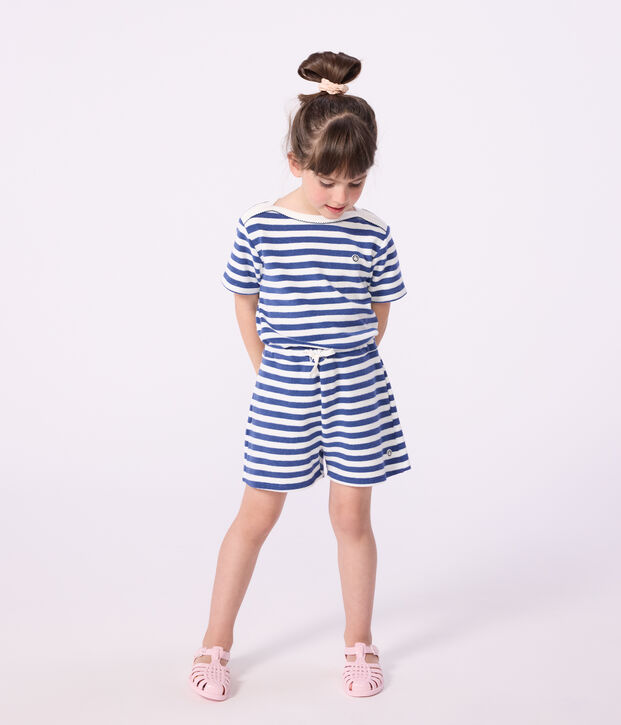 Short enfant en coton &agrave; rayures bleu/blanc