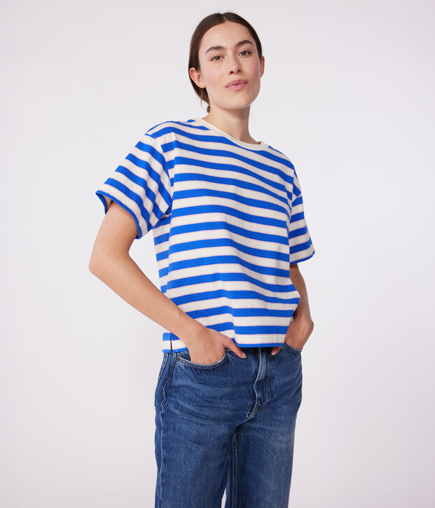 Tee-shirt Femme Le Boxy en coton ray&eacute; &eacute;cru/multicouleur