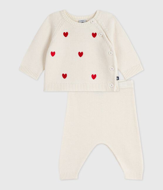 Ensemble 2 pièces bébé en tricot et cœurs brodés rouge MARSHMALLOW/ POMPEI