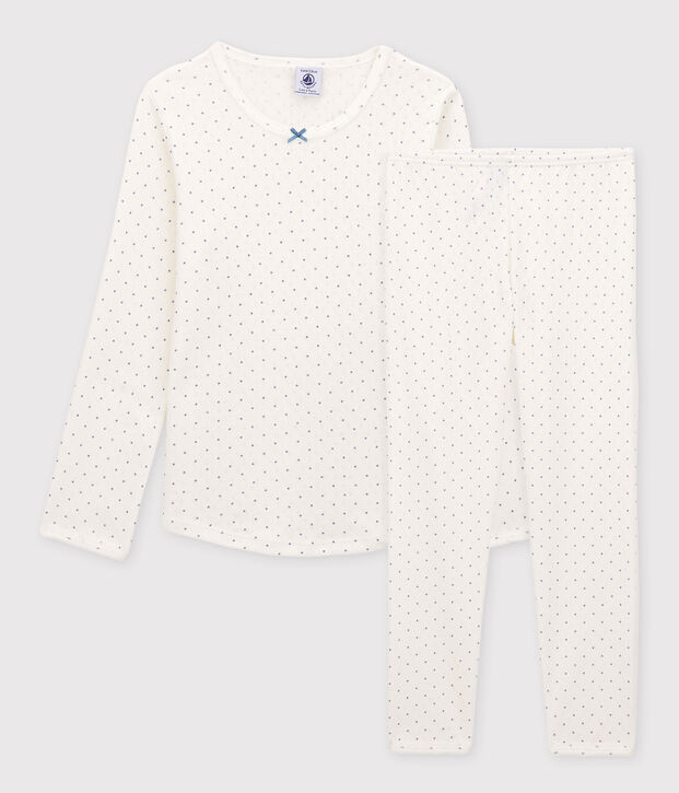 Pyjama ajour&eacute; &agrave; pois petit fille en coton biologique blanc/bleu