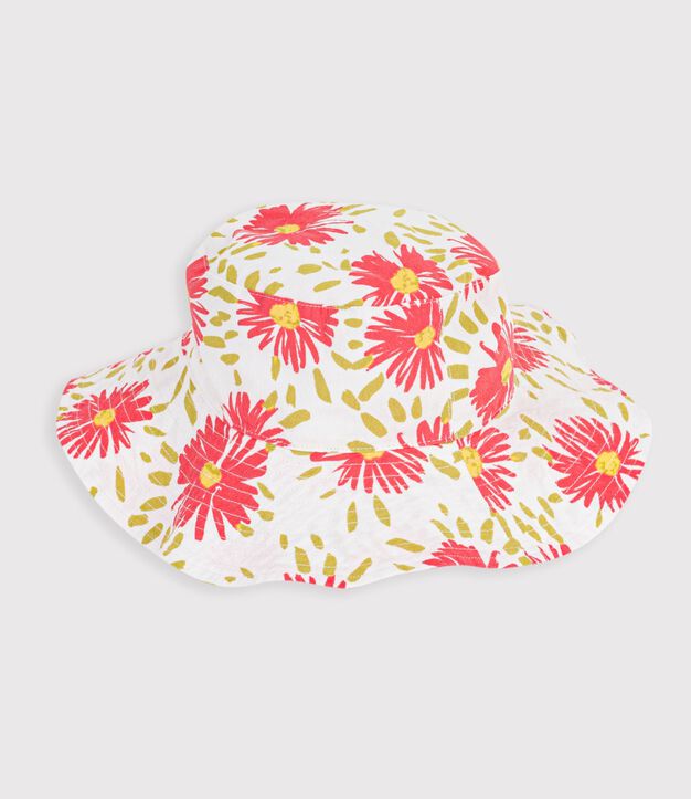 Capeline enfant en popeline imprim&eacute; fleurs blanc/multicouleur