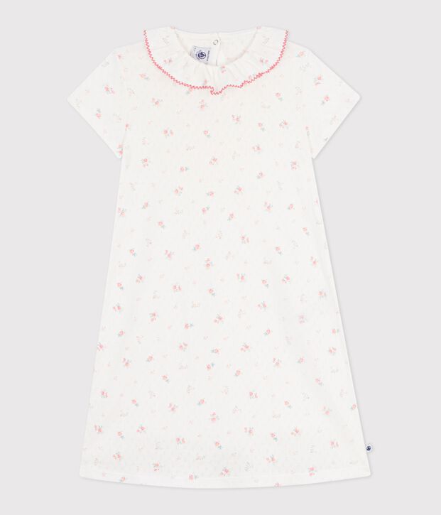 Chemise de nuit enfant en coton ajour&eacute; imprim&eacute; fleuri blanc/multicouleur