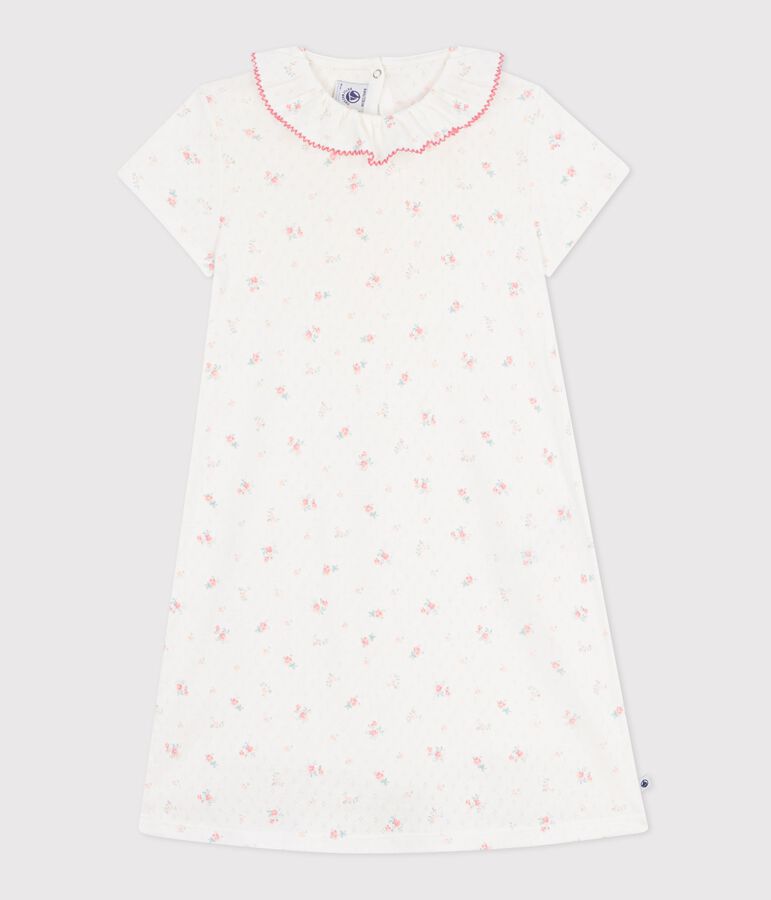 Chemise de nuit enfant en coton ajour&eacute; imprim&eacute; fleuri blanc MARSHMALLOW/blanc MULTICO
