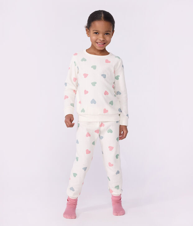 Pyjama enfant en coton &eacute;ponge &agrave; c&oelig;urs &eacute;cru/multicouleur
