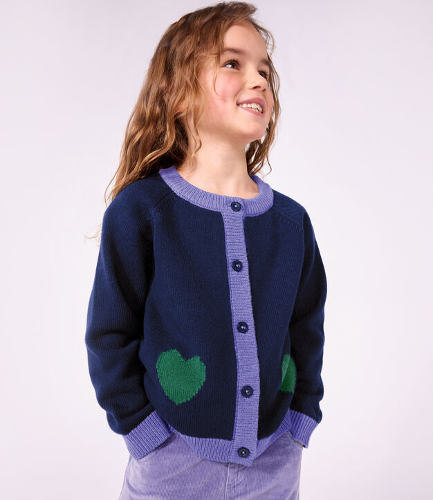 Cardigan enfant en laine et coton uni bleu marine