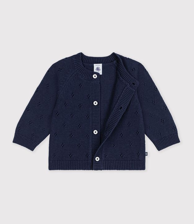 Cardigan b&eacute;b&eacute; en tricot laine et coton uni bleu marine