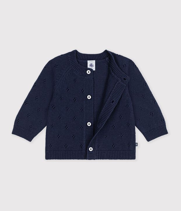 Cardigan b&eacute;b&eacute; en tricot laine et coton uni bleu marine