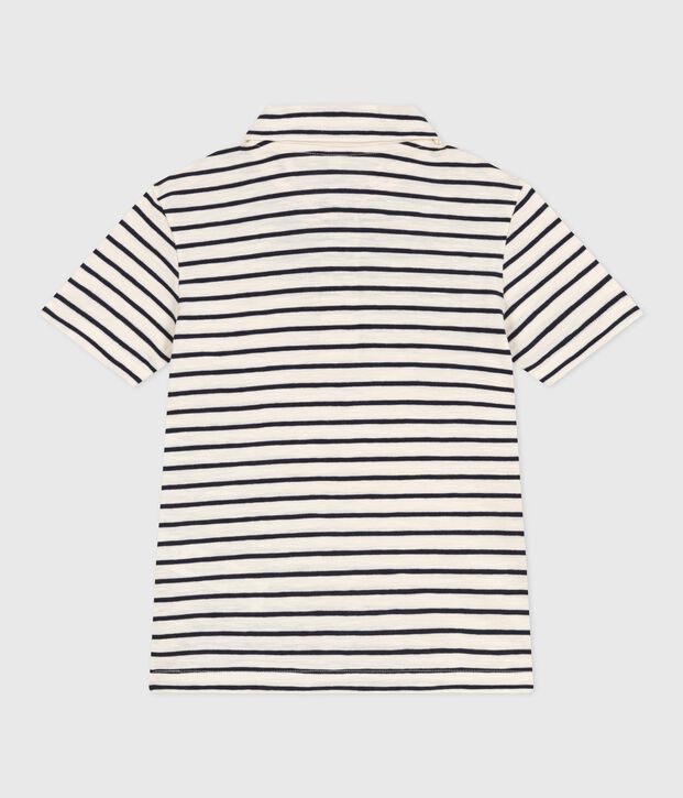 Polo enfant en coton &agrave; manches courtes &agrave; rayures &eacute;cru/bleu