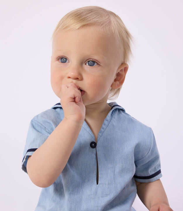Ensemble b&eacute;b&eacute; 2 pi&egrave;ces en chambray, tee-shirt col vareuse bleu