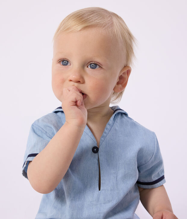 Ensemble b&eacute;b&eacute; 2 pi&egrave;ces en chambray, tee-shirt col vareuse bleu