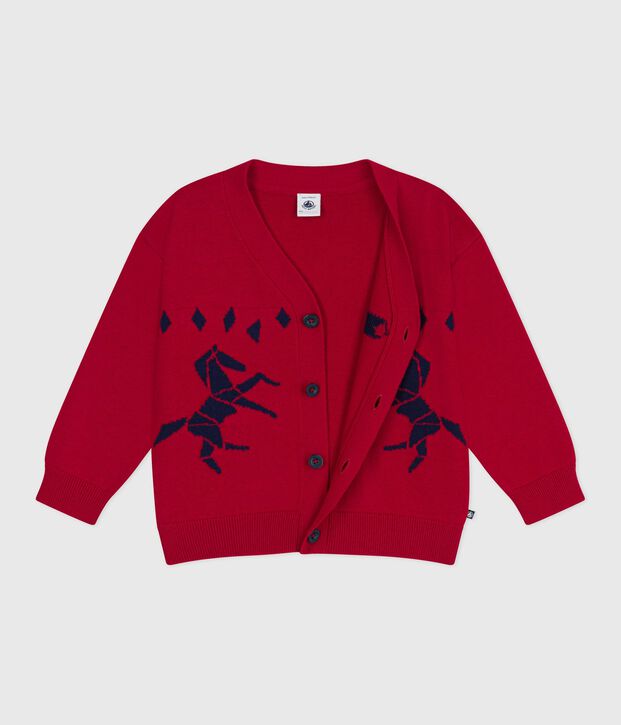 Cardigan enfant en laine et coton &agrave; motifs rouge/bleu