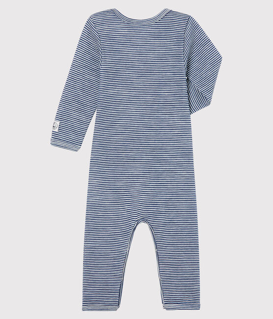 Body jambes longues bébé en laine et coton bleu MEDIEVAL/blanc MARSHMALLOW