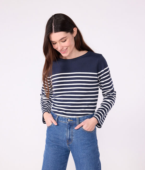 Marinière femme en coton manches longues bleu SMOKING/blanc MARSHMALLOW