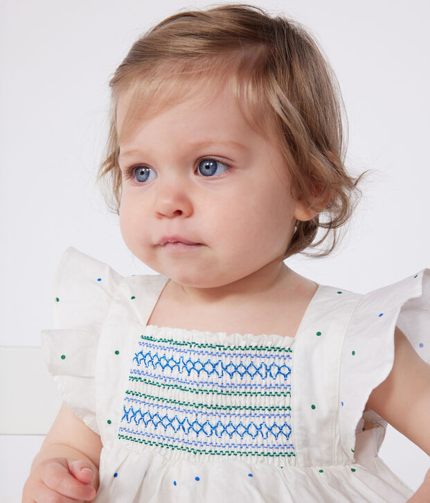 Robe blanche b&eacute;b&eacute; en coton et son bloomer, imprim&eacute;s &agrave; pois blanc/multicouleur