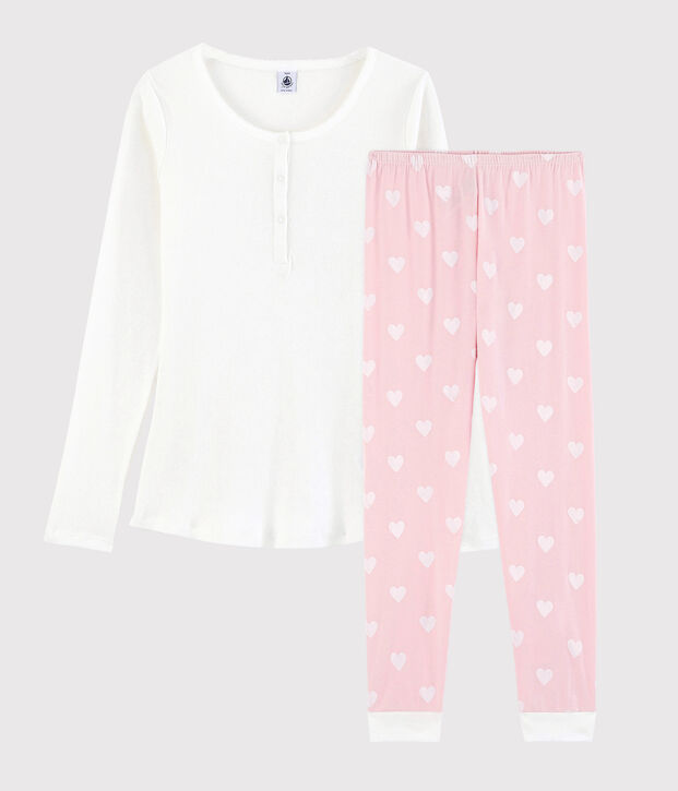 Pyjama fille-femme en coton blanc/rose