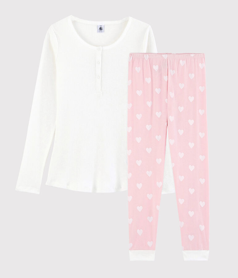 Pyjama fille-femme en coton blanc/rose