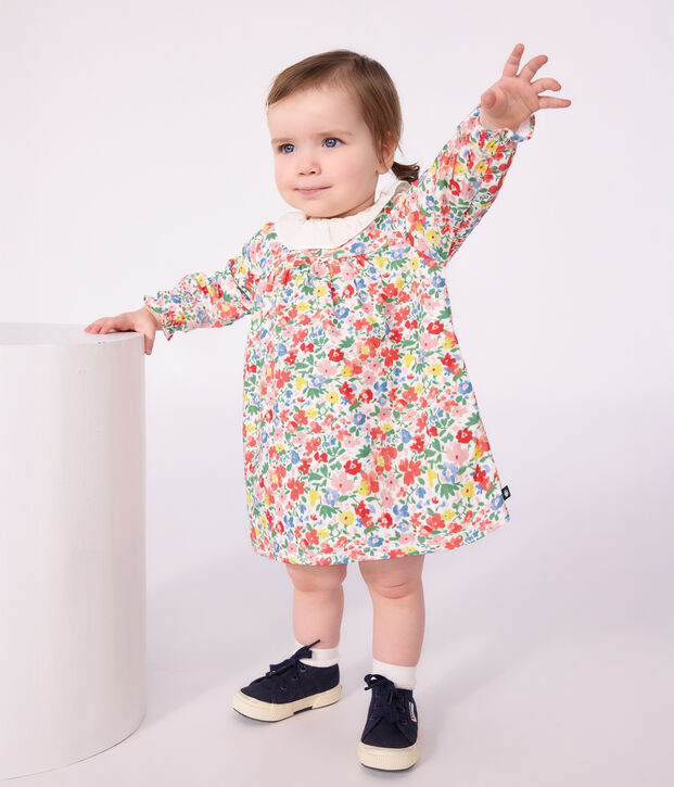 Robe b&eacute;b&eacute; en coton manches longues imprim&eacute;e &agrave; fleurs blanc/multicouleur