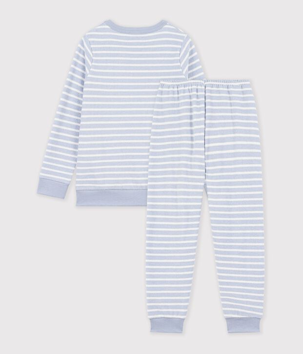 Pyjama enfant en coton &eacute;ponge &agrave; rayures bleu/&eacute;cru