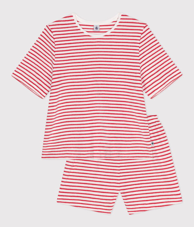 Pyjama short femme en coton &agrave; rayures rouge/rouge