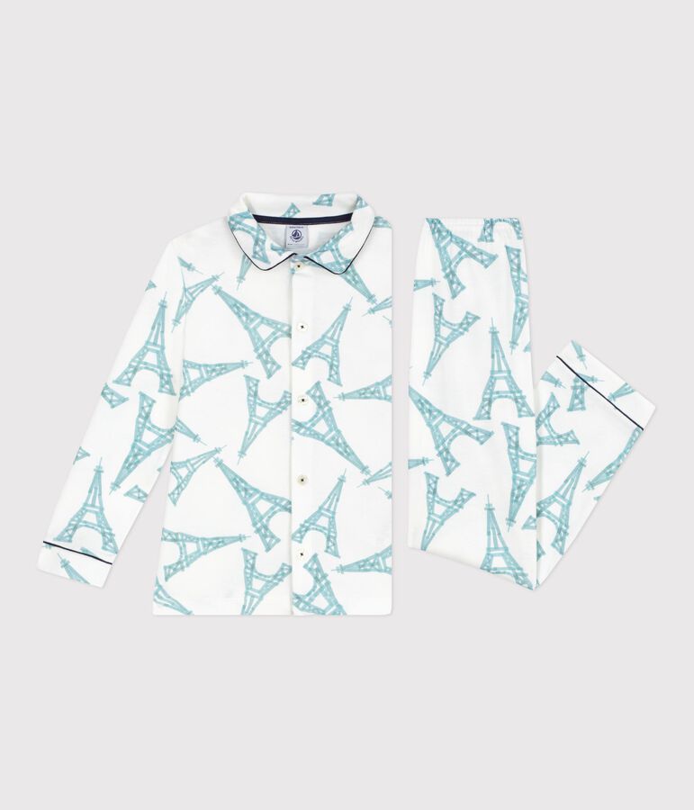 Pyjama boutonn&eacute; enfant en coton  imprim&eacute; blanc MARSHMALLOW/blanc MULTICO