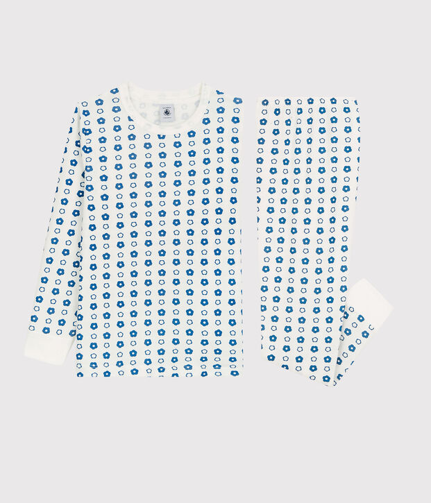 Pyjama imprim&eacute; fleurs graphique en coton enfant blanc/bleu